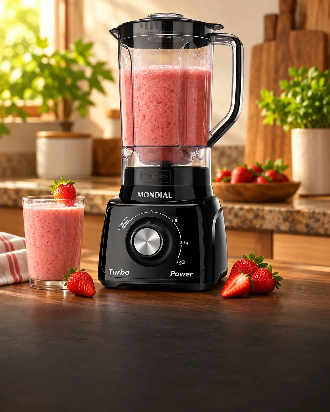 Cena ilustrativa do liquidificador Mondial preparando vitamina de frutas em uma cozinha